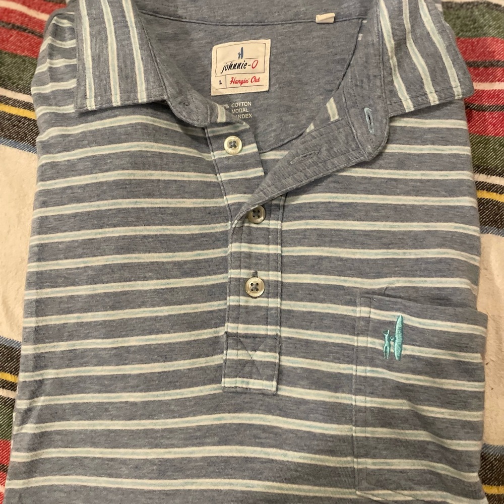 johnnie-O Blue and White Striped Polo Shirt
